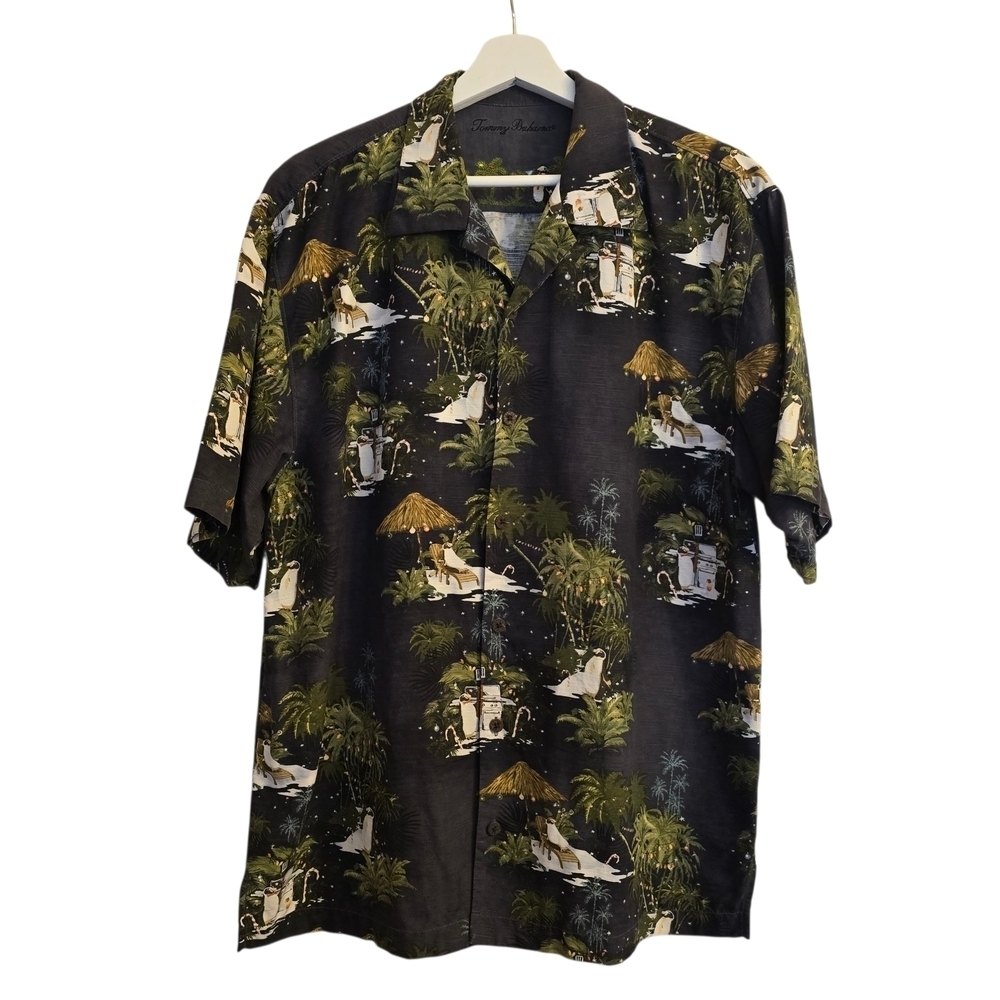 Tommy Bahama Black Christmas Holiday Penguins Gri Tropical Hawaiian Men's Shirt